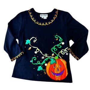 VTG  Jack B Quick Jack O Lantern Top Small  Halloween Black Embellished Applique
